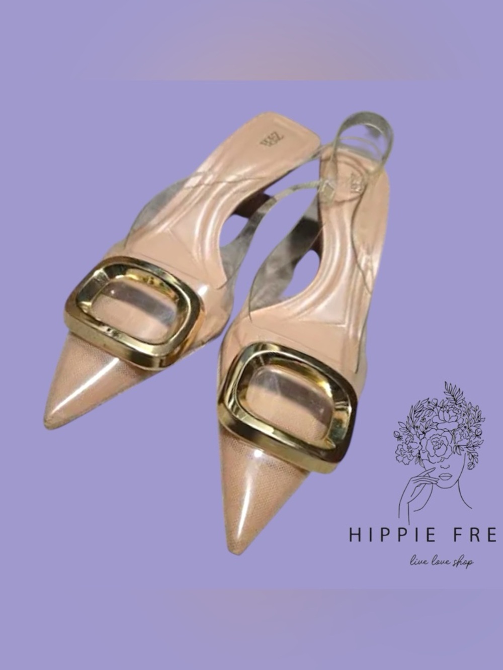 Zara Clear Pointed Toe Kitten Heel Slingback W Gold Buckle EU40/US 9